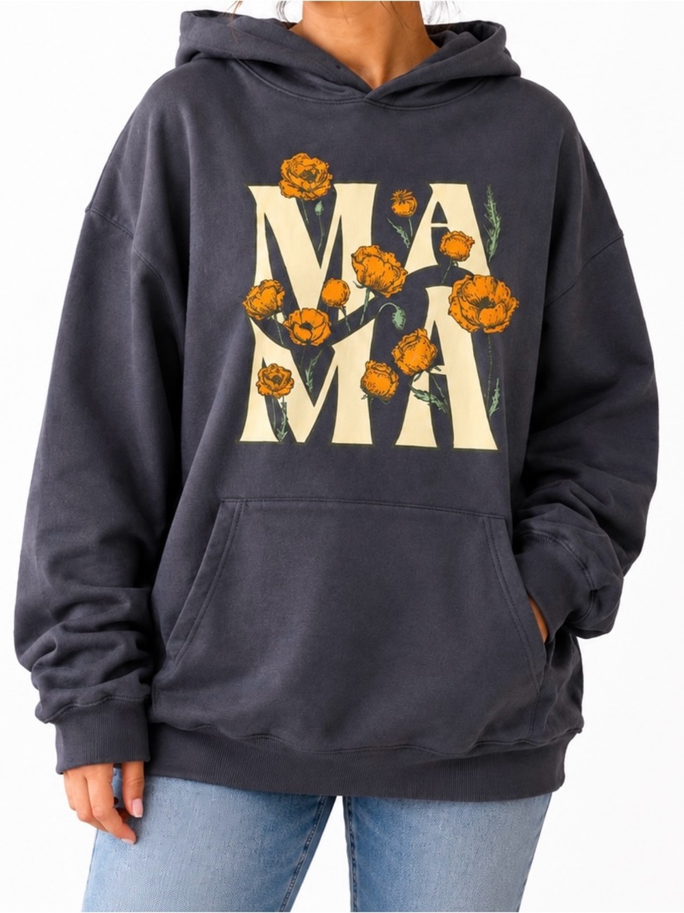 Charcoal Zip-Up Hoodie Size XS with Cream MAMA Graphic and Orange Floral Accents